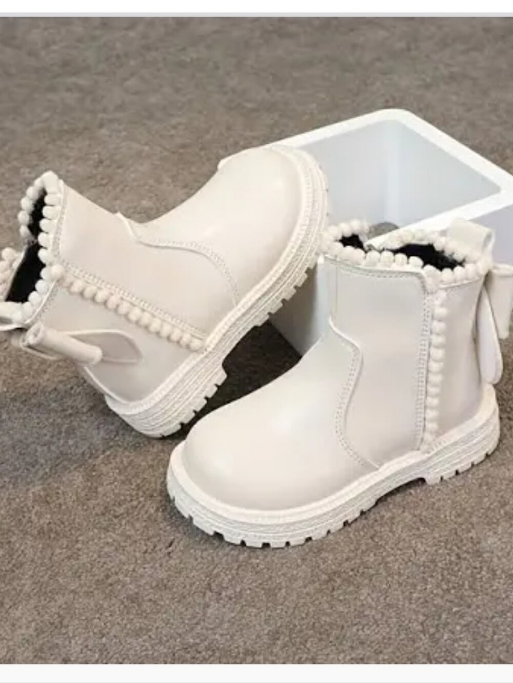 Girls Bow Decor Thermal Lined Beige Ankle Boots With Slide Zipper US 10-10.5